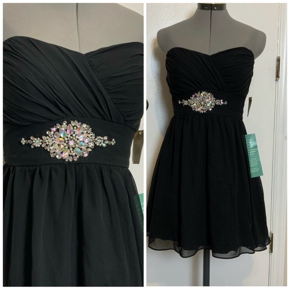 B.Smart Prom Strapless Black with Jewels under bust Mini Dress, - Picture 1 of 11